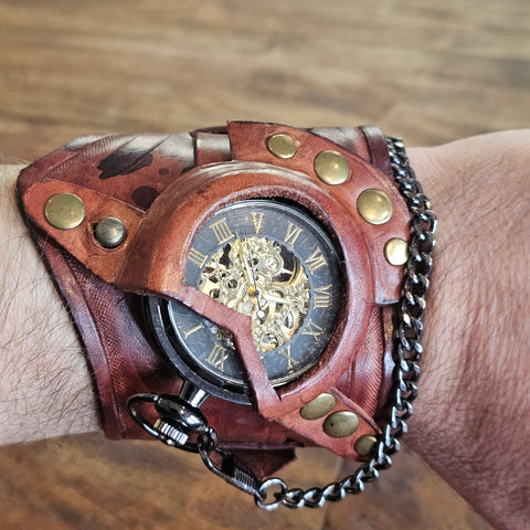 Bracelet steampunk avec montre mécanique – cuir fait main steampunk médiéval fait main | Atelier AnJo