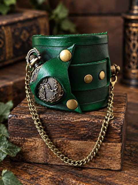 Bracelet-Montre Steampunk en Cuir Vert – Montre à Gousset Papillon