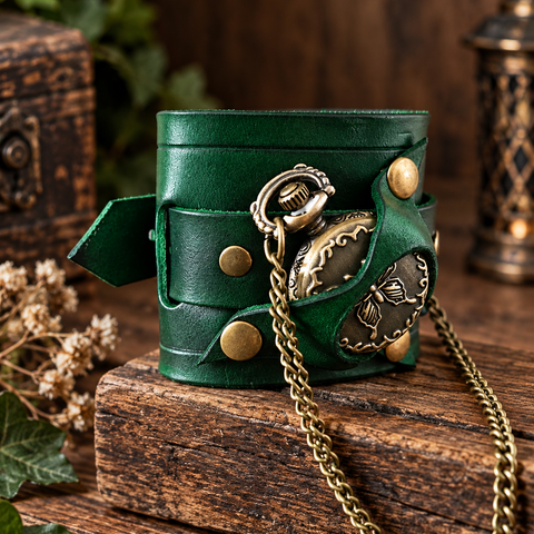 Bracelet-Montre Steampunk en Cuir Vert – Montre à Gousset Papillon