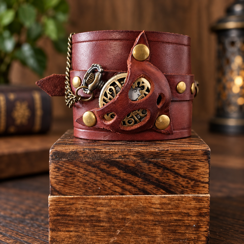 Bracelet-montre steampunk en cuir marron avec montre à gousset