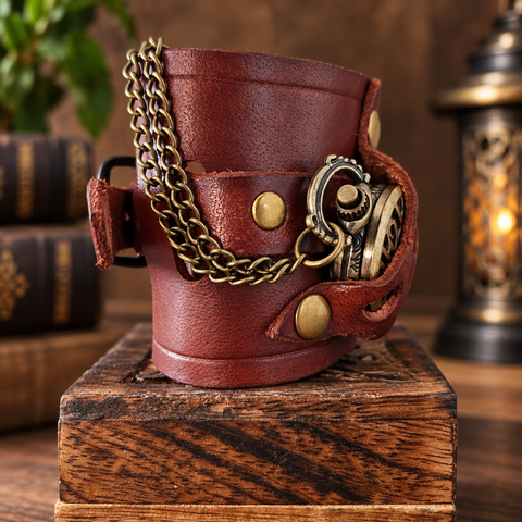 Bracelet-montre steampunk en cuir marron avec montre à gousset
