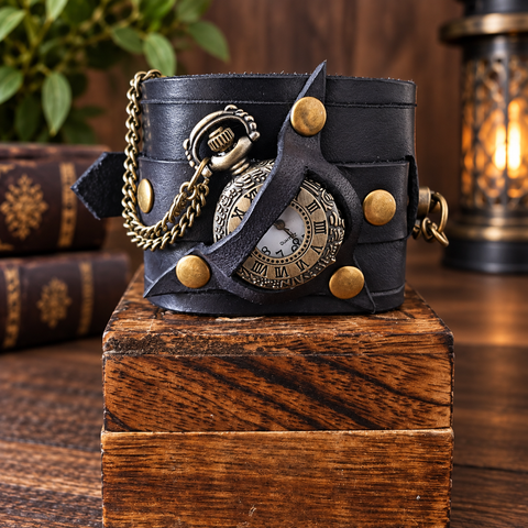 Bracelet-montre steampunk en cuir noir avec montre à gousset