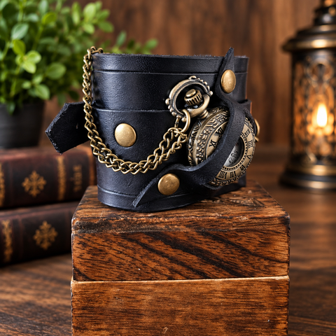 Bracelet-montre steampunk en cuir noir avec montre à gousset