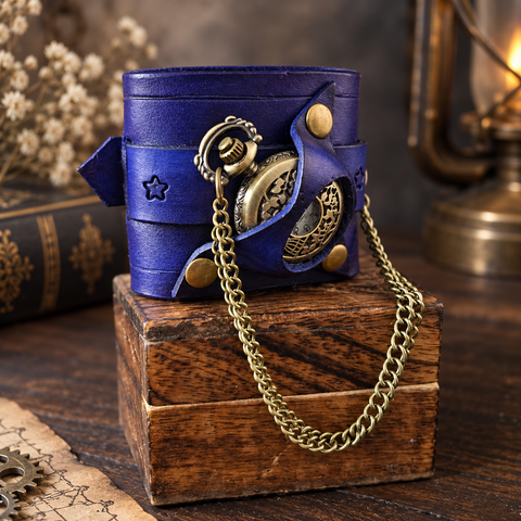 Bracelet-montre steampunk en cuir violet avec montre à gousset à pile