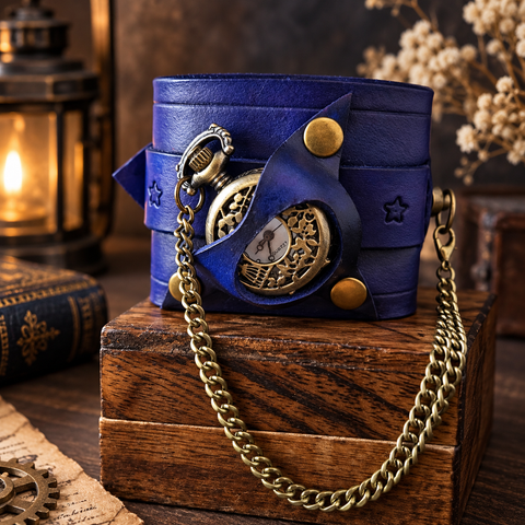 Bracelet-montre steampunk en cuir violet avec montre à gousset à pile