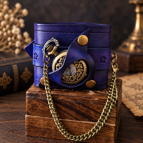 Bracelet-montre steampunk en cuir violet avec montre à gousset à pile