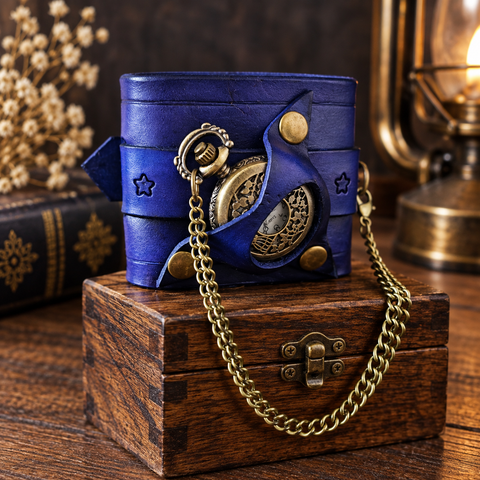 Bracelet-montre steampunk en cuir violet avec montre à gousset à pile