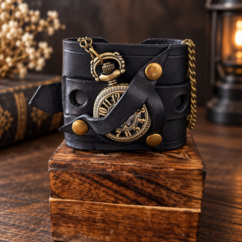 Bracelet-montre steampunk en cuir noir – Montre à gousset à chiffres ajourés