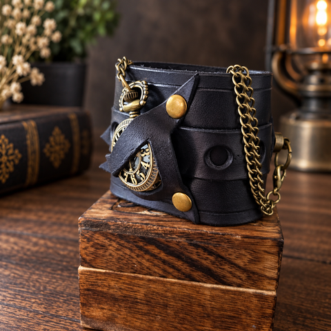 Bracelet-montre steampunk en cuir noir – Montre à gousset à chiffres ajourés