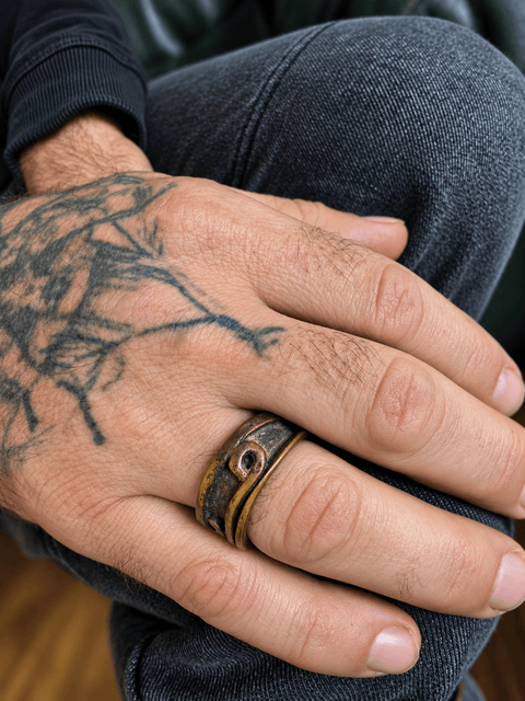 Bague large en cuivre patiné à volutes – Taille 61,5 steampunk médiéval fait main | Atelier AnJo