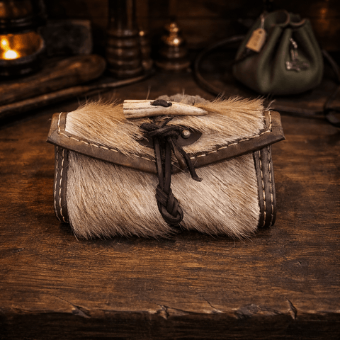 Blague à tabac artisanale en cuir végétal et peau de chèvre – fermoir bois de chevreuil – pièce unique steampunk médiéval fait main | Atelier AnJo