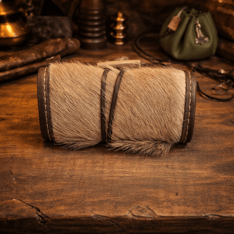 Blague à tabac artisanale en cuir végétal et peau de chèvre – fermoir bois de chevreuil – pièce unique steampunk médiéval fait main | Atelier AnJo