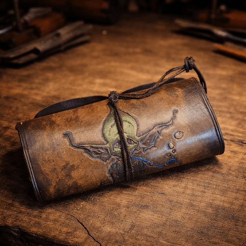 Blague à tabac en cuir repoussé – cuir tannage végétal – pièce unique steampunk médiéval fait main | Atelier AnJo