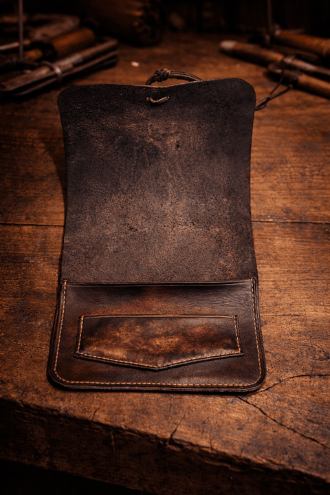Blague à tabac en cuir repoussé – cuir tannage végétal – pièce unique steampunk médiéval fait main | Atelier AnJo