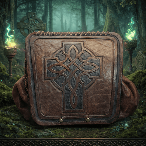 Bourse en cuir celtique artisanale – Motif croix celtique repoussé steampunk médiéval fait main | Atelier AnJo