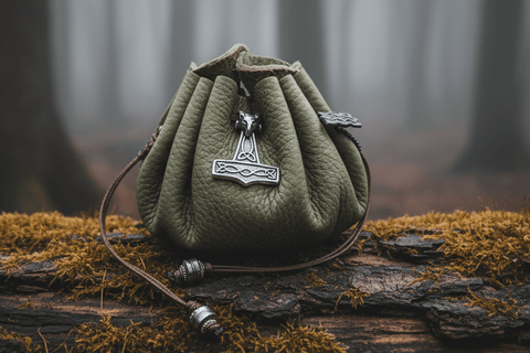 Bourse médiévale artisanale en cuir vert – Fabrication artisanale par Kevin de Tir Na Telennaria steampunk médiéval fait main | Atelier AnJo