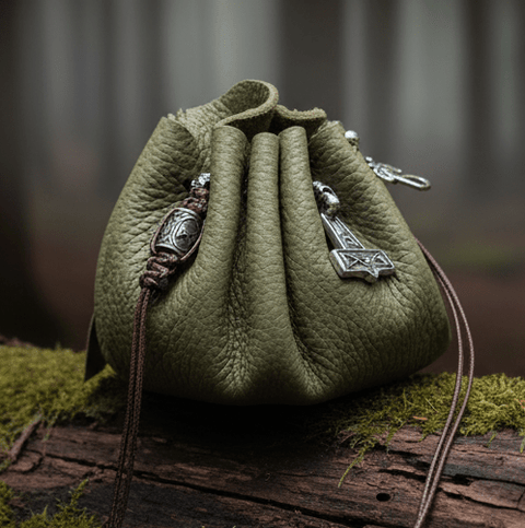 Bourse médiévale artisanale en cuir vert – Fabrication artisanale par Kevin de Tir Na Telennaria steampunk médiéval fait main | Atelier AnJo