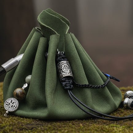 Bourse médiévale artisanale en cuir vert – Fabrication artisanale par Kevin – Tir na Telennaria steampunk médiéval fait main | Atelier AnJo