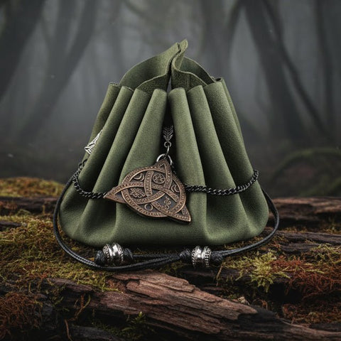 Bourse médiévale artisanale en cuir vert – Fabrication artisanale par Kevin – Tir na Telennaria steampunk médiéval fait main | Atelier AnJo