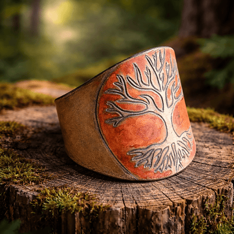 Bracelet arbre de vie en cuir repoussé – Artisanat ésotérique steampunk médiéval fait main | Atelier AnJo