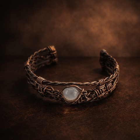 Bracelet artisanal cuivre et laiton tressé – quartz laiteux – pièce unique steampunk médiéval fait main | Atelier AnJo