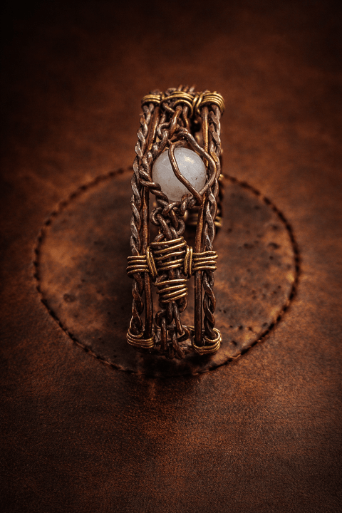 Bracelet artisanal cuivre et laiton tressé – quartz laiteux – pièce unique steampunk médiéval fait main | Atelier AnJo