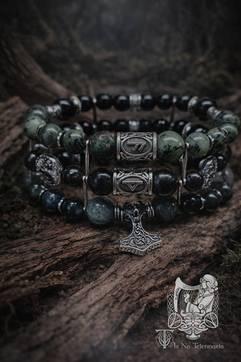 Bracelet artisanal en agate mousse et rubis sur zoïsite – Tir Na Telennaria steampunk médiéval fait main | Atelier AnJo