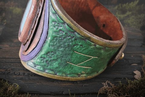 Bracelet celtique cuir et amazonite steampunk médiéval fait main | Atelier AnJo