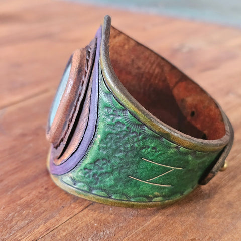 Bracelet celtique cuir et amazonite steampunk médiéval fait main | Atelier AnJo