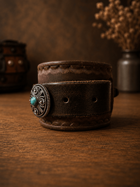 Bracelet de force en cuir avec concho turquoise – artisanal steampunk médiéval fait main | Atelier AnJo