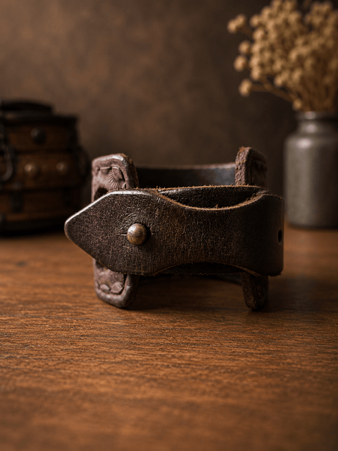 Bracelet de force en cuir avec concho turquoise – artisanal steampunk médiéval fait main | Atelier AnJo