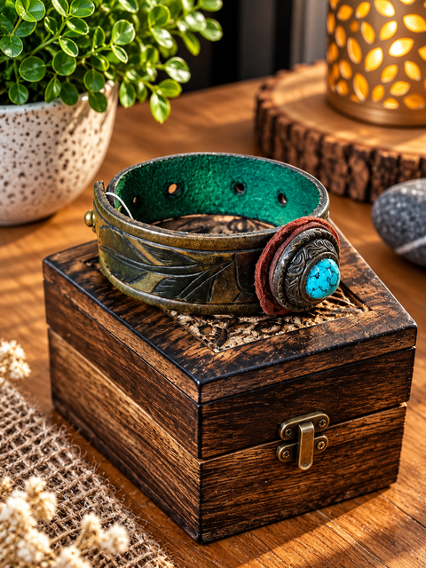 Bracelet en cuir à motifs végétaux – Cabochon bleu turquoise steampunk médiéval fait main | Atelier AnJo