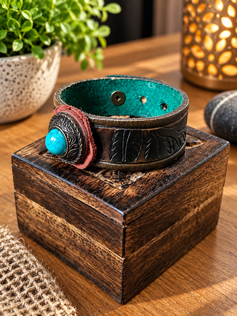 Bracelet en cuir à motifs végétaux – Cabochon bleu turquoise steampunk médiéval fait main | Atelier AnJo
