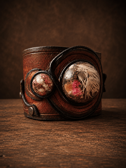Bracelet en cuir avec cabochons en résine et fleurs séchées – pièce artisanale steampunk médiéval fait main | Atelier AnJo