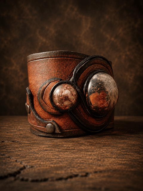 Bracelet en cuir avec cabochons en résine et fleurs séchées – pièce artisanale steampunk médiéval fait main | Atelier AnJo