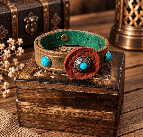 Bracelet en cuir patiné – Rosace rouge et cabochons bleu turquoise steampunk médiéval fait main | Atelier AnJo