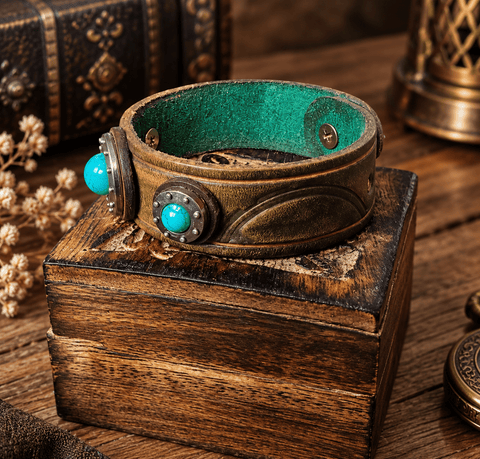 Bracelet en cuir patiné – Trois cabochons bleu turquoise steampunk médiéval fait main | Atelier AnJo