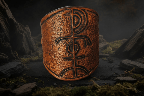 Bracelet en cuir repoussé – Esprit de Freyja | Mythologie nordique & féminin sacré steampunk médiéval fait main | Atelier AnJo