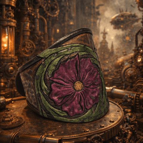 Bracelet en cuir repoussé floral – 18 à 22 cm – Atelier AnJo modèle uniques. steampunk médiéval fait main | Atelier AnJo