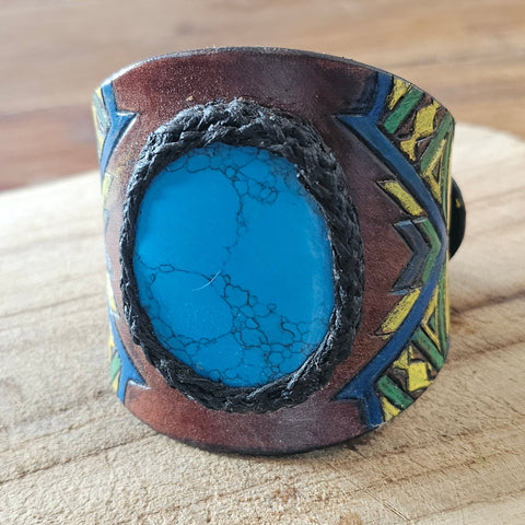 Bracelet en cuir style indien avec turquoise naturelle – Fait main steampunk médiéval fait main | Atelier AnJo