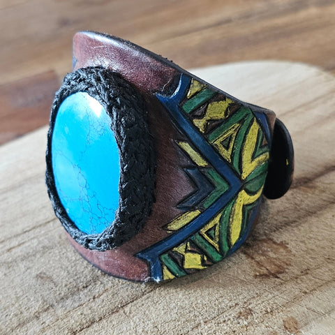 Bracelet en cuir style indien avec turquoise naturelle – Fait main steampunk médiéval fait main | Atelier AnJo