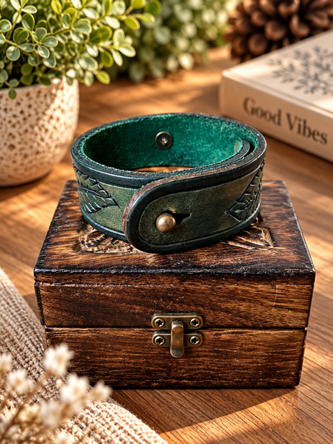 Bracelet en cuir vert et doré – Cabochon bleu turquoise steampunk médiéval fait main | Atelier AnJo