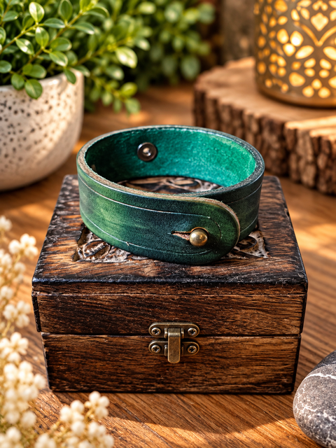 Bracelet en cuir vert patiné – Cabochon bleu turquoise steampunk médiéval fait main | Atelier AnJo