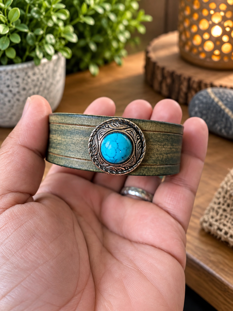 Bracelet en cuir vert patiné – Cabochon bleu turquoise steampunk médiéval fait main | Atelier AnJo