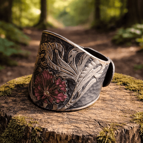Bracelet Floral en Cuir Repoussé – Pièce Unique steampunk médiéval fait main | Atelier AnJo