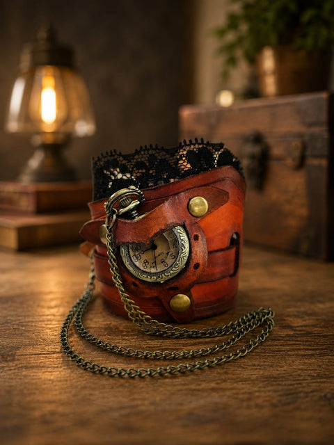 Bracelet manchette steampunk en cuir avec dentelle et montre à gousset – Fabrication artisanale steampunk médiéval fait main | Atelier AnJo