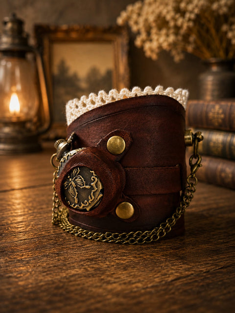 Bracelet manchette steampunk en cuir avec montre à quartz et dentelle – Papillon steampunk médiéval fait main | Atelier AnJo