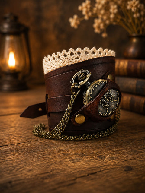 Bracelet manchette steampunk en cuir avec montre à quartz et dentelle – Papillon steampunk médiéval fait main | Atelier AnJo