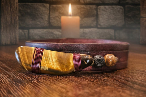 Bracelet médiéval en cuir – Œil de Tigre – Taille 14 à 16 cm steampunk médiéval fait main | Atelier AnJo