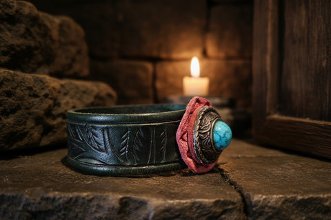 Bracelet médiéval en cuir vert – cabochon howlite bleue et fleur de cuir bordeaux – taille 14 - 16 cm steampunk médiéval fait main | Atelier AnJo